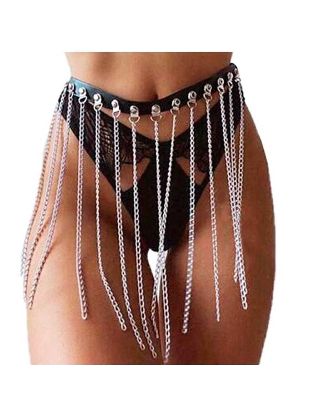 PUNK Body Chain Black Leather Waist Tassel Harness Belly Rave Party Cosplay BDSM